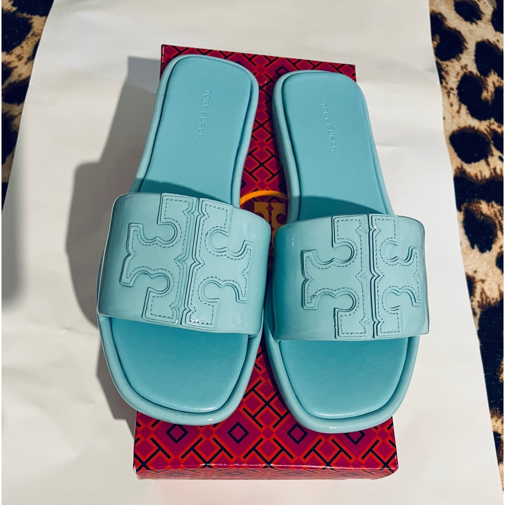 Tory  Burch Double T Sport Slide Patent Leather Misty Aqua